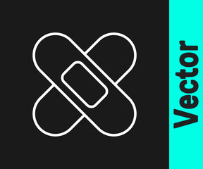 White line Crossed bandage plaster icon isolated on black background. Medical plaster, adhesive bandage, flexible fabric bandage. Vector