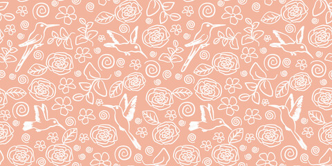 Seamles pattern digitalpaper textile packaging. Background hummingbird pink white