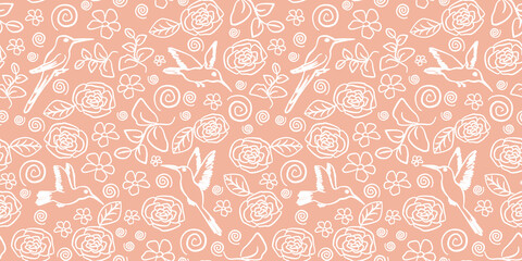 Seamles pattern digitalpaper textile packaging. Background hummingbird pink white