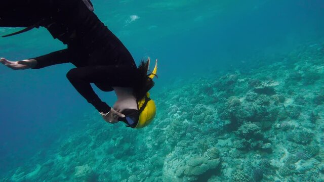 Scuba diver diving underwater in wetsuit. Pliant girl performing trick in scuba diving. Sea water and beauty of underwater world. Features of exotic holiday. Concept of rare nature and unusual rest
