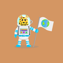 Illustration vector cartoon of cute giraffe astronaut holding a flag with earth logo. Childish cartoon design suitable for product design of children's books, t-shirt, greeting cards etc