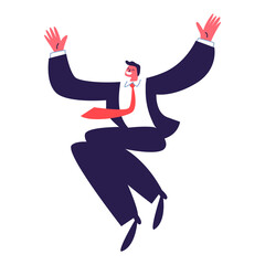 Fototapeta premium Joyful young man. Active successful businessman jumping in a dark suit with a red tie. Vector illustration of isolated happy person on a white background.