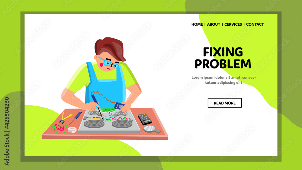 Wall mural fixing problem electronic device repairman vector. repair service worker fixing problem of broken el