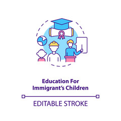 Education for immigrants children concept icon. Foreign students support. Kids studying. Migrant worker rights idea thin line illustration. Vector isolated outline RGB color drawing. Editable stroke