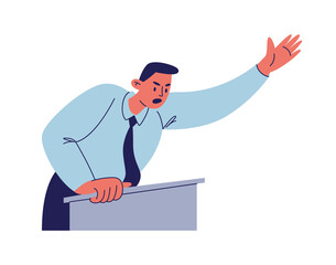 Furious speech of the figure behind the podium. A man in a blue shirt with a tie waves his hand in emotion. Vector illustration of a male cartoon character waist-deep isolated on a white background.