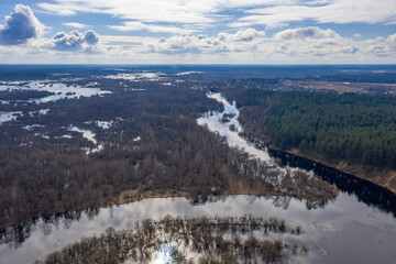 Fototapeta na wymiar Water fields, spring floods on the Berezina River! Flooded forest in the floodplain!