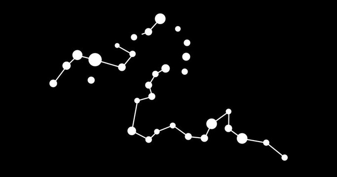 Eridanus constellation. Stars in the night sky. Constellation in line art style in black and white. Cluster of stars and galaxies. Horizontal composition, 4k video quality