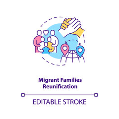 Migrant families reunification concept icon. Parents with children together abroad. Immigrant worker rights idea thin line illustration. Vector isolated outline RGB color drawing. Editable stroke
