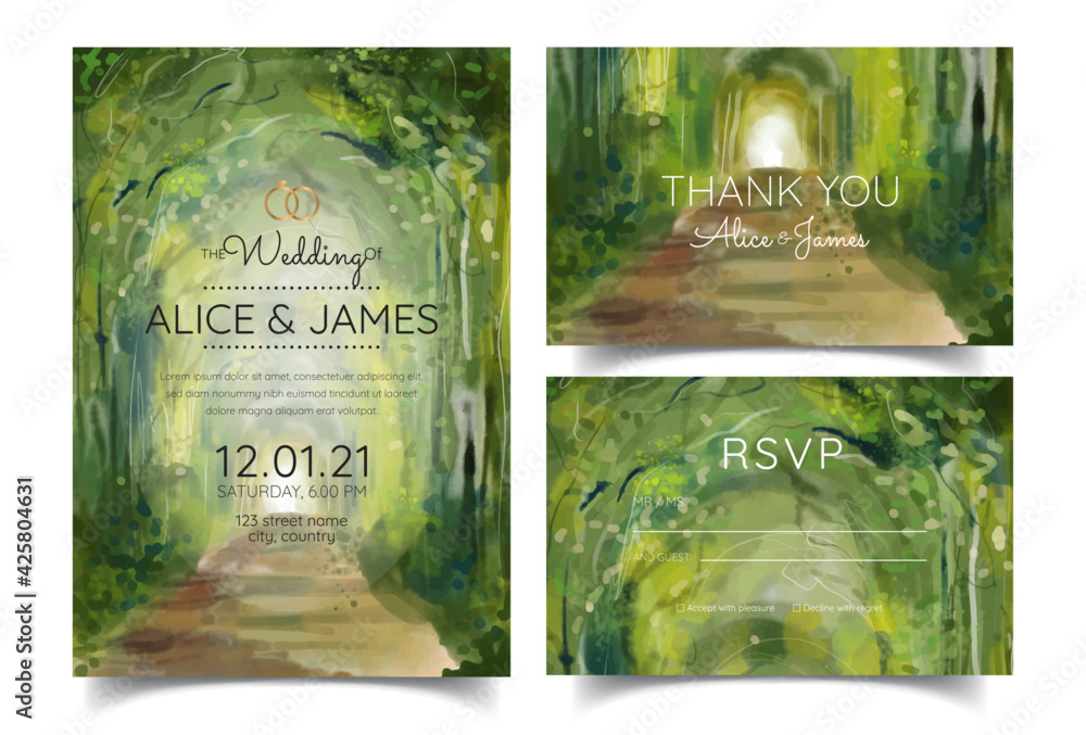 Wall mural wedding invitation with mountain view watercolor background - Wall murals