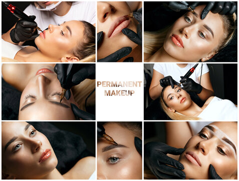 KIt of permanent makeup images: beauty master applying permanent ink