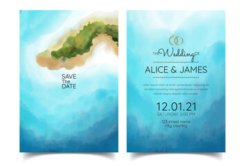 wedding cards, invitations. Save the date ocean and island style designs. Romantic seaside summer wedding background