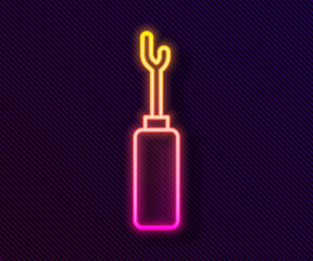 Glowing neon line Awl tool with wooden handle icon isolated on black background. Work equipment tailor industry. Vector