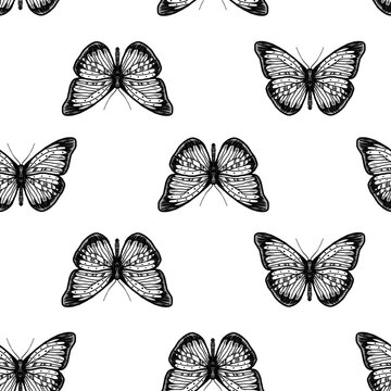 Isolated bitmap image of black butterflies on a white background, pattern. Digital imitation of a pencil. Design for wallpaper, fabrics, textiles.