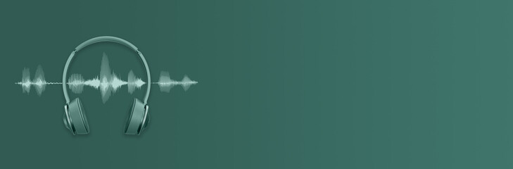 Headphones and audio waveform on green background, music, streaming or podcasting banner with copy...