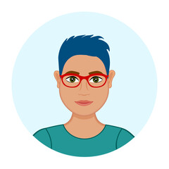 Avatar of a transgender man. Office worker wearing glasses. Programmer or designer. Young student. Blue hair. Woman with short haircut