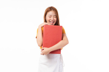 Asian women holding present box. Portrait of happy smiling Asian girl in casual clothing holding gift box isolated on white. Happy pretty Asian woman holding red gift box on white background.