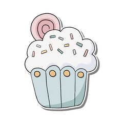 Colorful pastel Doodle Cupcake with pink jelly on white silhouette and gray shadow. Hand drawn cartoon style, decoration for any design. Vector illustration of sweet, kid and party.