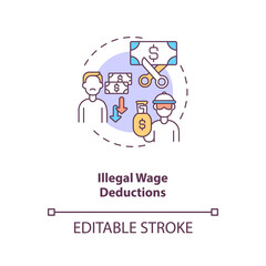 Illegal wage deductions concept icon. Underpaid laborer. Unfair employment conditions. Migrant worker rights idea thin line illustration. Vector isolated outline RGB color drawing. Editable stroke