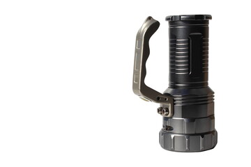 A flashlight from an iron body stands on a white background