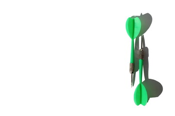 Green dart darts lie on white background with place for text