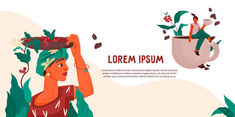 Coffee production flyer or banner template with female characters. Design for coffee shop, packaging and web page, flat vector illustration.