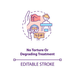 No torture or degrading treatment concept icon. Stop violence against immigrant. Migrant worker rights idea thin line illustration. Vector isolated outline RGB color drawing. Editable stroke