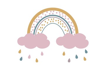 Cute baby boho rainbow with clouds and rain in scandinavian style, lovely decoration isolated on white background. Pastel colors, baby shower, nursery. 