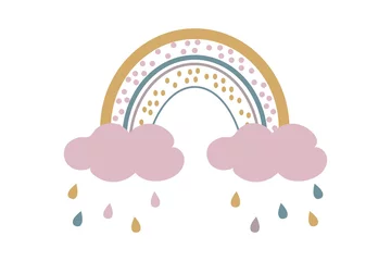  Cute baby boho rainbow with clouds and rain in scandinavian style, lovely decoration isolated on white background. Pastel colors, baby shower, nursery.  © Alyona