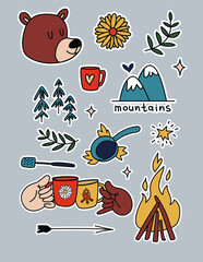 Camping stickers set. Cartoon elements of the forest, campfire. Collection of hiking and cooking travel stickers in the mountains. Vector illustrations of outdoor recreation isolated.