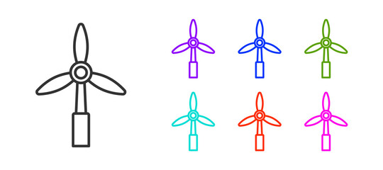 Black line Wind turbine icon isolated on white background. Wind generator sign. Windmill for electric power production. Set icons colorful. Vector