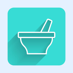 White line Mortar and pestle icon isolated with long shadow. Green square button. Vector