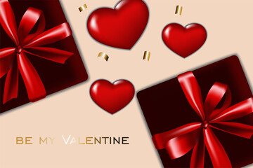 Romantic design for Valentine's Day. Realistic 3d red gift boxes with satin ribbons and bows, golden confetti.  Festive banner, web poster, flyer, stylish brochure, postcard, cover.