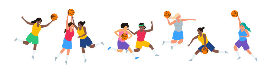 basketball woman players in various poses set vector illustration
