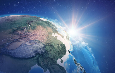 Sunrise through clouds, upon a high detailed satellite view of Planet Earth, focused on China, East Asia. 3D illustration - Elements of this image furnished by NASA