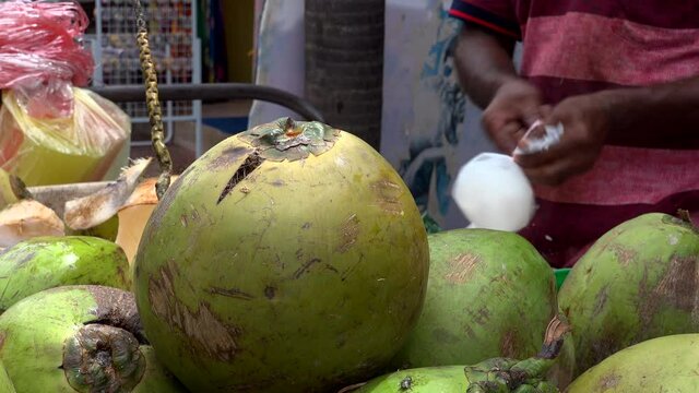 street of mubai with coconut fuits prepared for selling.
