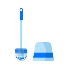 Modern Blue toilet brush, brush stand, isolated on white background. Cleaning service. Household equipment for home and office. Toilet clean hygiene, sanitary wc bathroom concept. Vector cartoon style