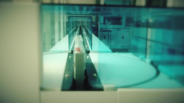 Automated laboratory for blood testing. Moving line with test tubes. PCR Test Covid 19, Antibody test