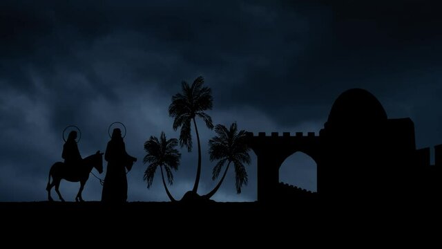 Lightning and Thunderstorm flash over Bethlehem, with Mary and Joseph in Silhouette
