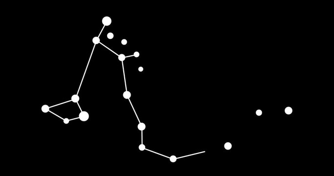 Draco constellation. Stars in the night sky. Constellation in line art style in black and white. Cluster of stars and galaxies. Horizontal composition, 4k video quality