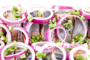 Salted herring with rings of red onion rings on oval plate on a light background . Marinated sliced fish. Traditional russian appetizer