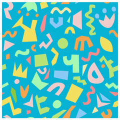 Seamless pattern Vector illustration with Multicolored figures in expressionist style on the blue background