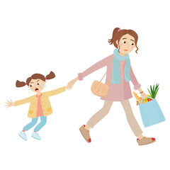 Upset Mother holds the hand of a screaming and crying daughter and holds a shopping bag with vegetables and a baguette vector illustration on the white background
