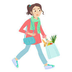 Woman holding eco-bag with vegetables and a baguette vector illustration