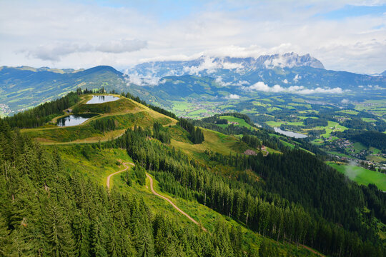 Beautiful landscape seen from the Hahnenkamm ski run, Austrian Alps , Tirol, Kitzbuhel, Austria