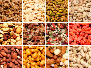 Assorted nuts and dry fruits. Colorful healthy vegan food background