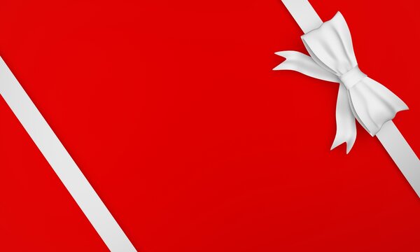 Blank red background with white diagonal ribbons and bow in the corner. 3d rendering