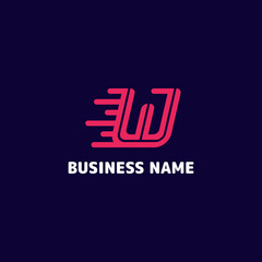 Simple and minimalist bright pink letter W speed monogram initial logo in dark blue background