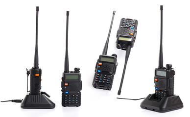 set collage of several black walkie-talkie radio communication device isolated on white background