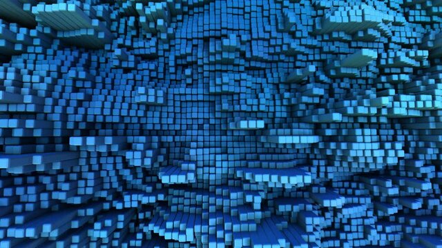flying above a 3d abstract landscape of blue or cyan color. textured surface in the form of cubes waves like the sea, top view