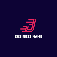 Fototapeta na wymiar Simple and minimalist bright pink letter J speed monogram initial logo in dark blue background